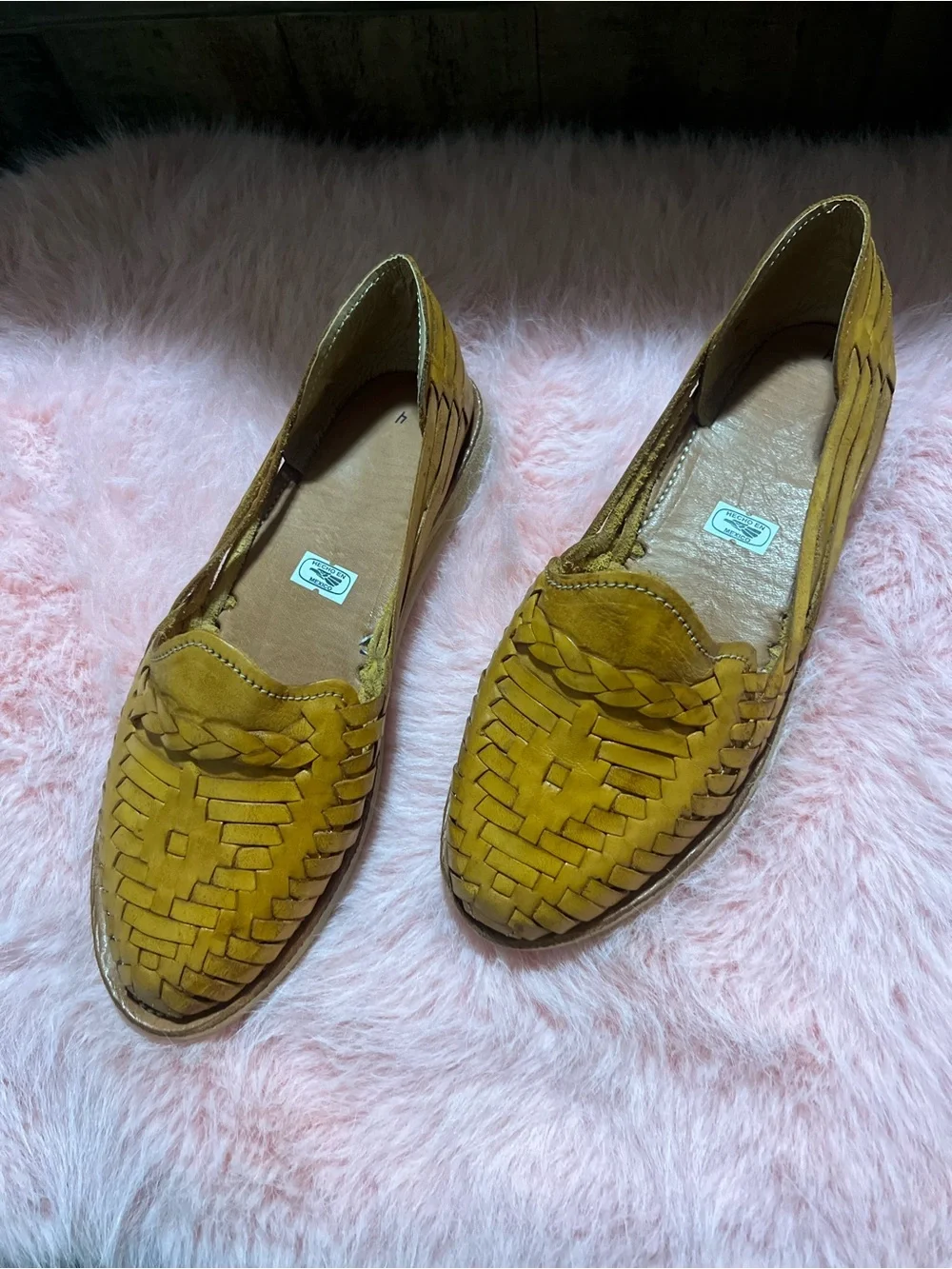 Woven Leather Loafers in Mustard Yellow - Women's Slip-On Shoes